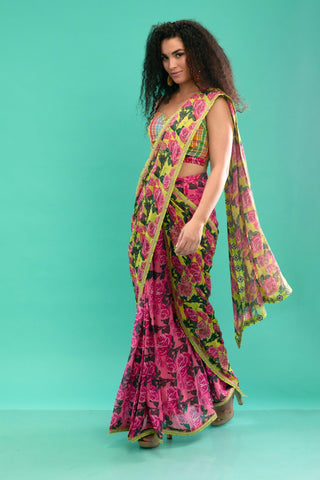 Multicolor floral georgette saree with madras check blouse