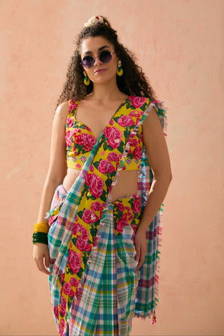 Multicolor cotton madras check saree paired with floral printed blouse