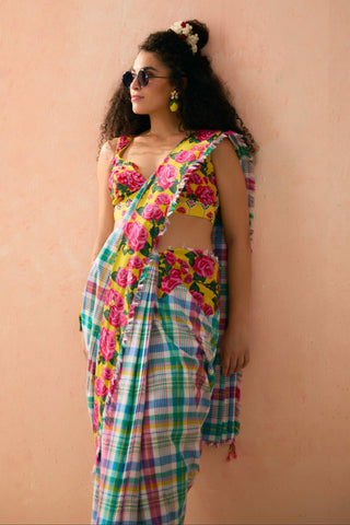 Multicolor cotton madras check saree paired with floral printed blouse