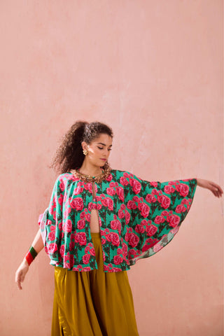 Multicolor rayon printed printed cape with bralette paired solid pant