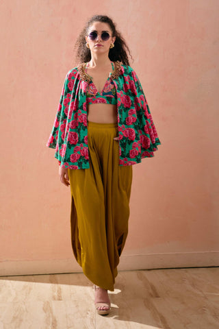 Multicolor rayon printed printed cape with bralette paired solid pant