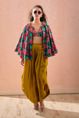 Multicolor rayon printed printed cape with bralette paired solid pant