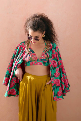 Multicolor rayon printed printed cape with bralette paired solid pant