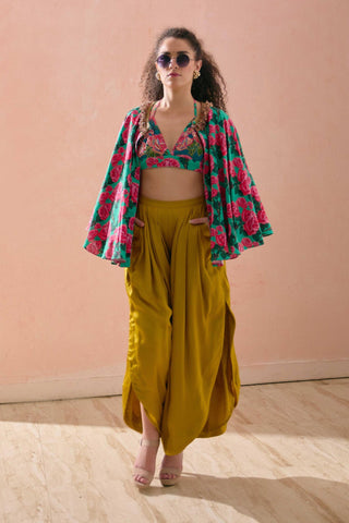 Multicolor rayon printed printed cape with bralette paired solid pant