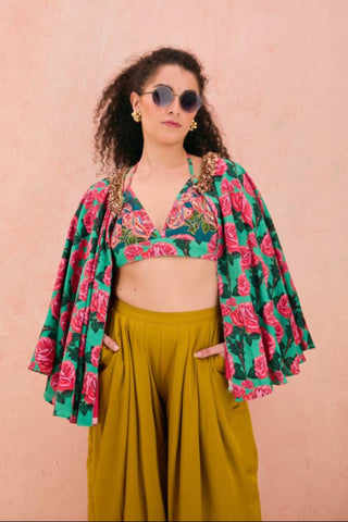 Multicolor rayon printed printed cape with bralette paired solid pant