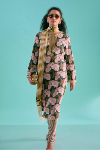 Multicolor printed handwork kurta with churidar paired with skinny scarf