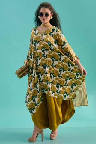 Multicolor printed kaftan with stripe pleated detailing paired with pants