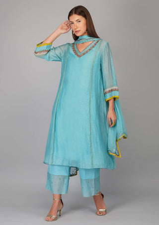 Turquoise sequin flower kurta set