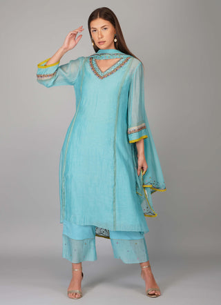 Turquoise sequin flower kurta set