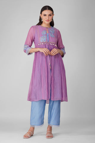 Purple blue starry rose gathered jacket and kurta set