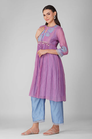 Purple blue starry rose gathered jacket and kurta set