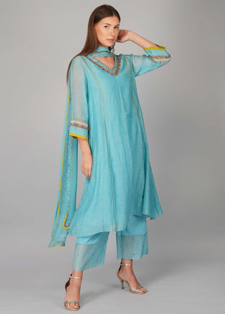 Turquoise sequin flower kurta set