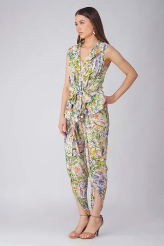 Ivory multi leaf tie-up top and pant set