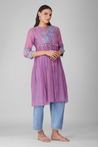 Purple blue starry rose gathered jacket and kurta set