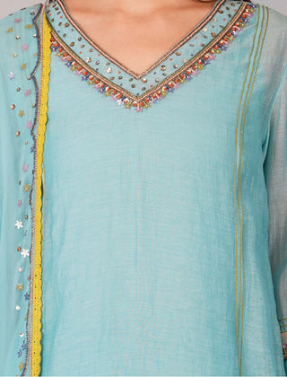 Turquoise sequin flower kurta set