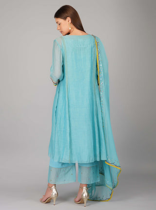 Turquoise sequin flower kurta set