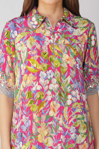 Pink multi leaf shirt tunic and pant