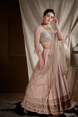 Pink lehenga with double layer jacket blouse and dupatta