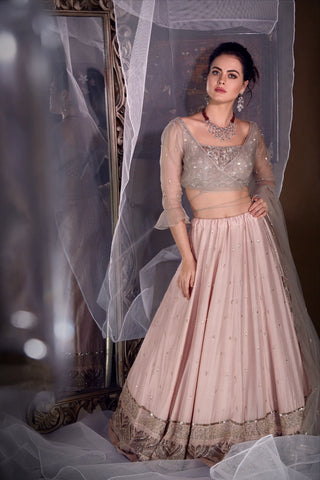 Pink lehenga with double layer jacket blouse and dupatta