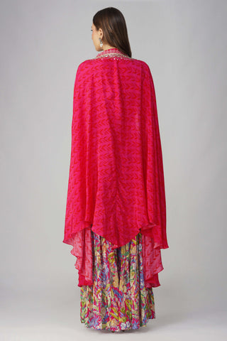 Rani pink multi leaf print cape set