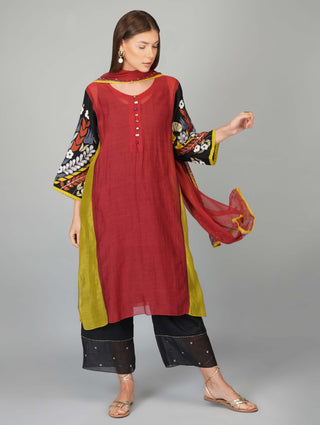 Garnet applique sleeves panelled kurta set