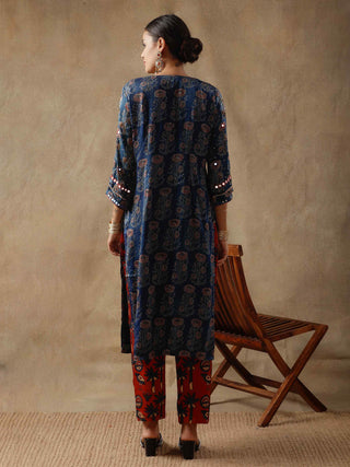 Blue ajrakh silk kurta set