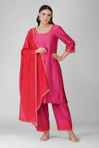 Red-magenta cosmic flower two-tone kurta set