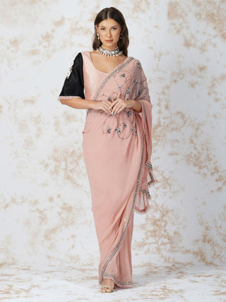 Antique work pink saree and contrast blouse