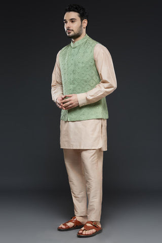 Sage green art mirror work vest with beige kurta and slim pant set