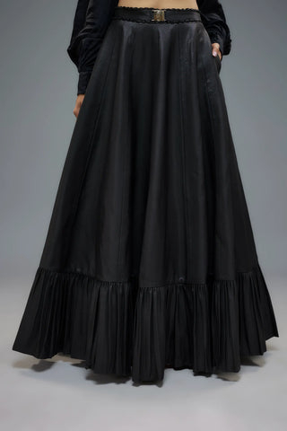 Black raw silk frilled lehenga