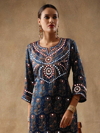 Blue ajrakh silk kurta set