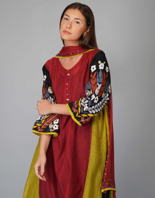 Garnet applique sleeves panelled kurta set