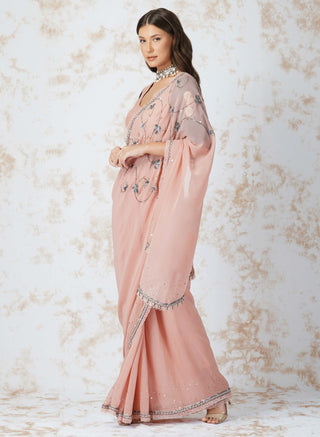 Antique work pink saree and contrast blouse