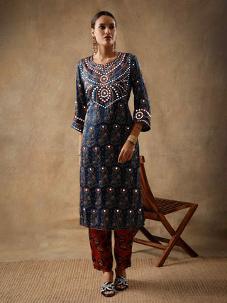 Blue ajrakh silk kurta set