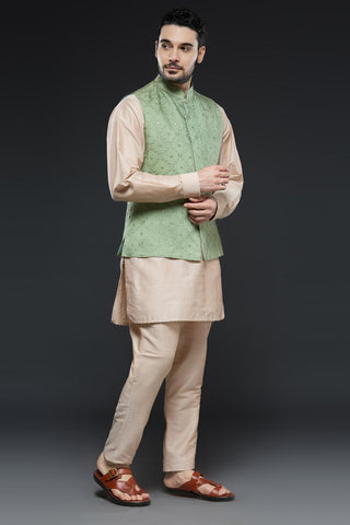 Sage green art mirror work vest with beige kurta and slim pant set