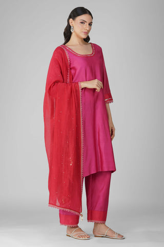 Red-magenta cosmic flower two-tone kurta set