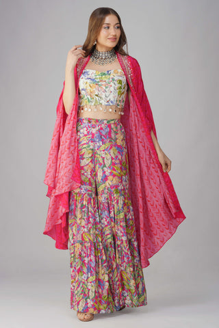 Rani pink multi leaf print cape set