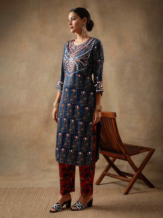 Blue ajrakh silk kurta set