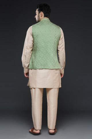 Sage green art mirror work vest with beige kurta and slim pant set