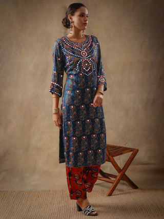 Blue ajrakh silk kurta set