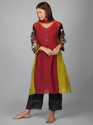 Garnet applique sleeves panelled kurta set