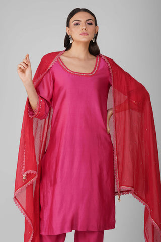 Red-magenta cosmic flower two-tone kurta set