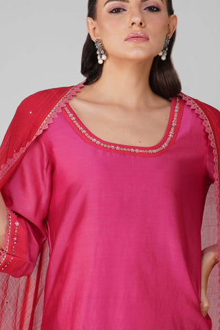 Red-magenta cosmic flower two-tone kurta set