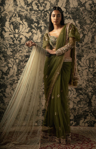 Olive green net saree set