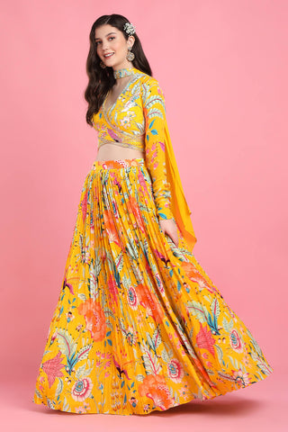 Yellow floral overlap blouse and lehenga set