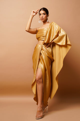 Golden shimmer draped saree set