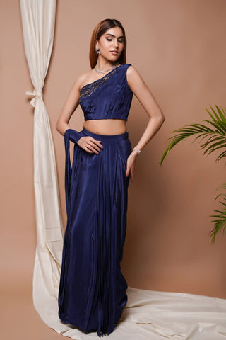 Navy pre-stitched draped saree and blouse