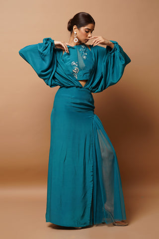 Teal blue long dress and bustier