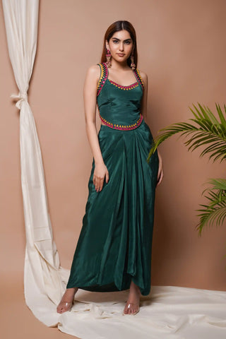 Bottle green backless bustier and drape skirt