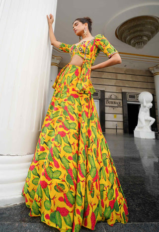 Yellow ginger flower peplum lehenga and blouse